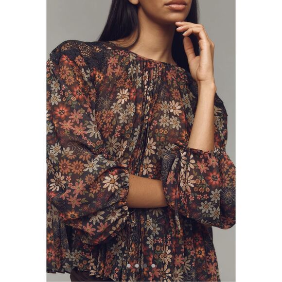 Stunning for Fall- FARM Rio for Anthropologie Floral Sheer Blouse Size: Medium C - Picture 11 of 12